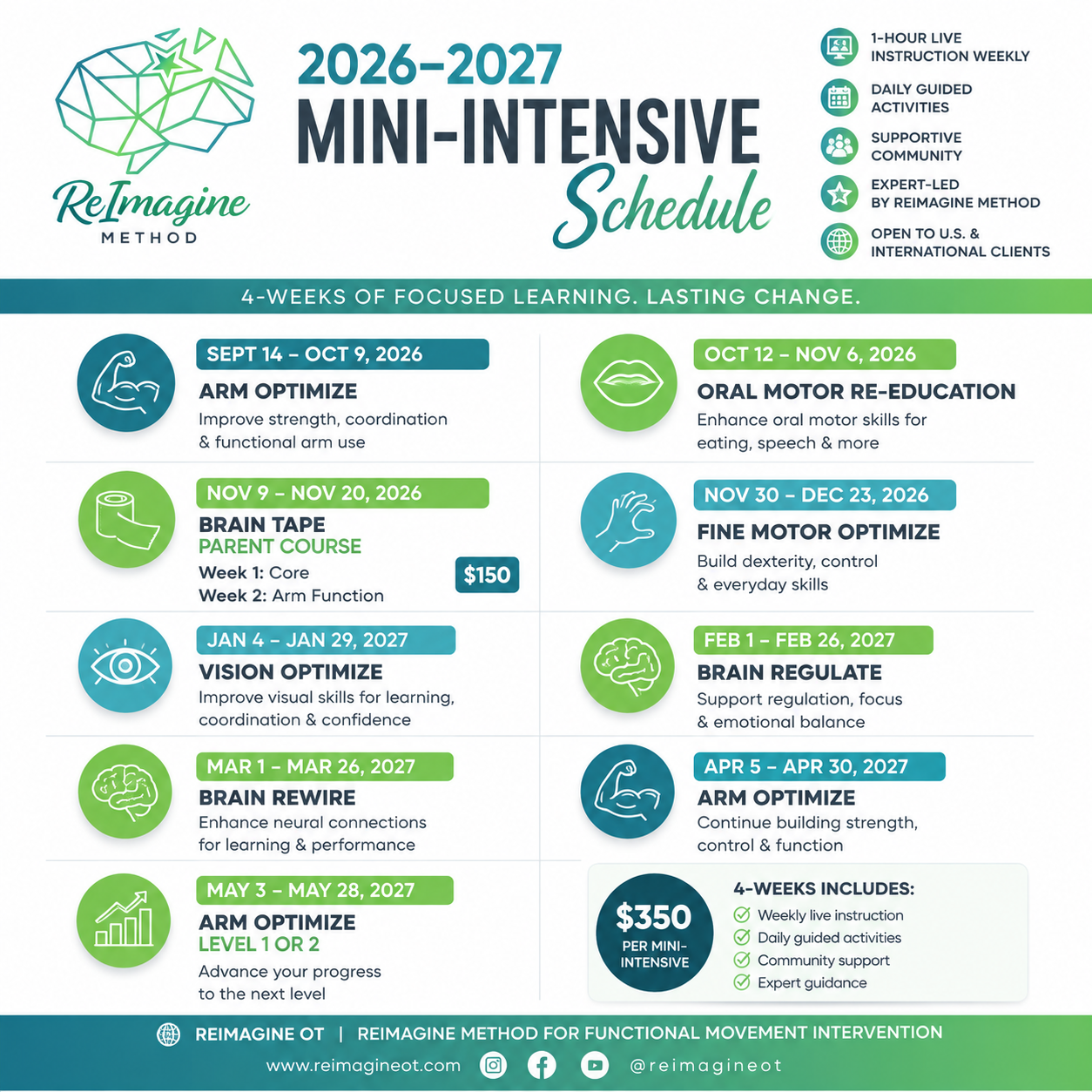 2026–2027 Virtual Mini-Intensives schedule with nine program dates and prices