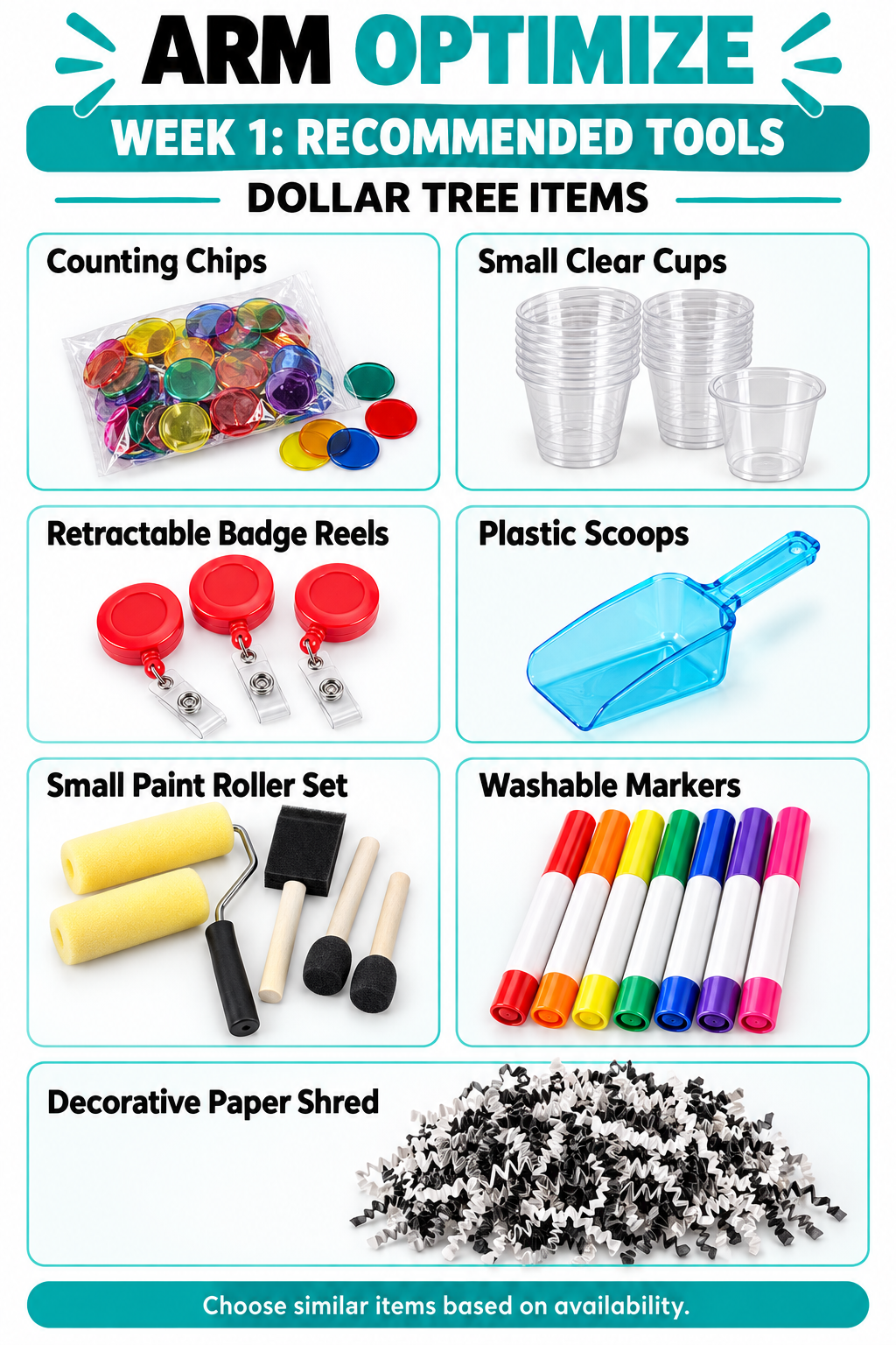 Week 1 recommended tools infographic showing counting chips, small clear cups, retractable badge reels, plastic scoops, a small paint roller set, washable markers, and decorative paper shred.