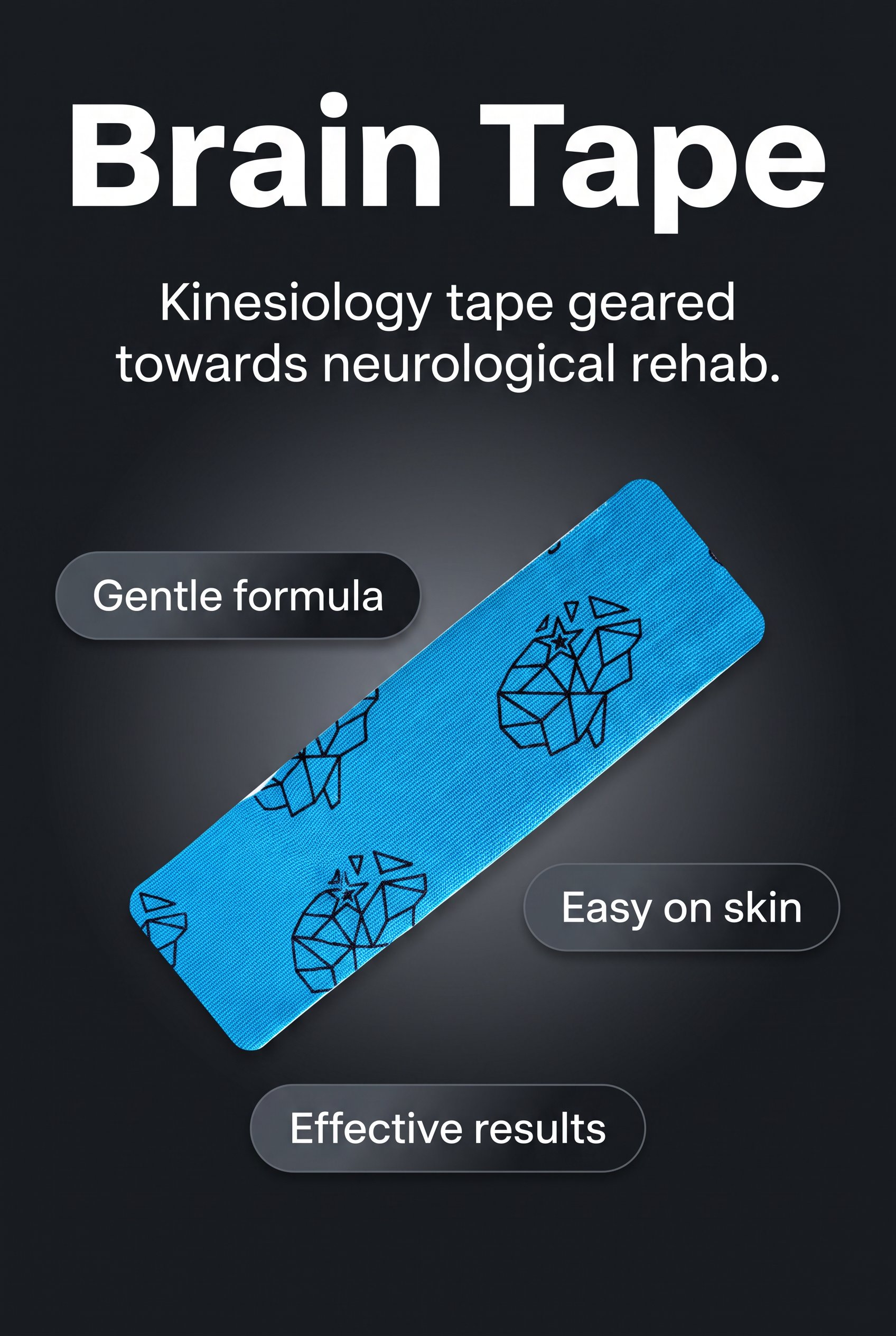 Brain Tape Blue Brain Logo Pattern: a blue kinesiology tape strip printed with black geometric brain logos, labelled gentle formula, easy on skin, and effective results.